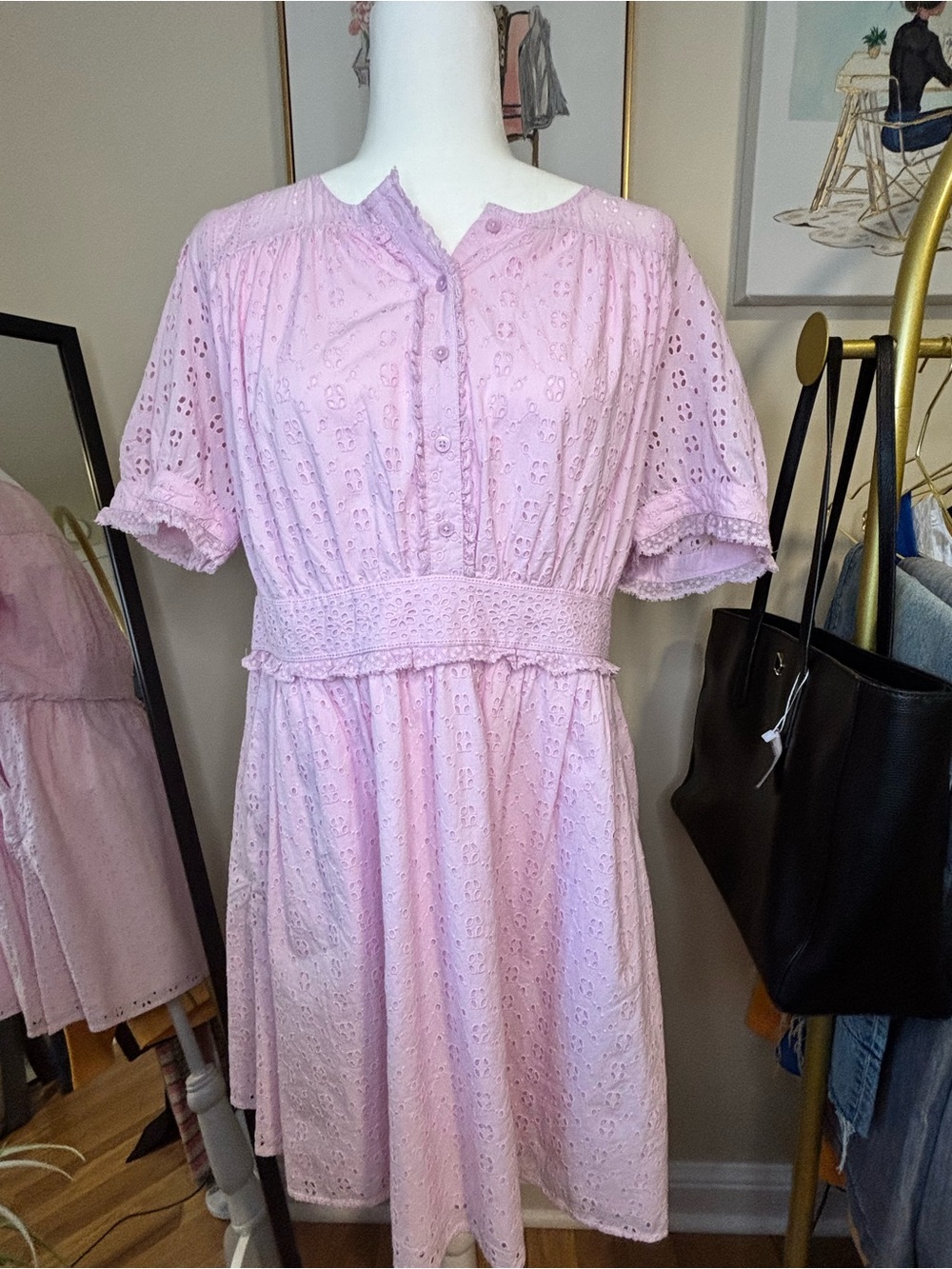 J. Crew Pink puff sleeve eyelet mini dress size 14 100%Cotton - Picture 1 of 9